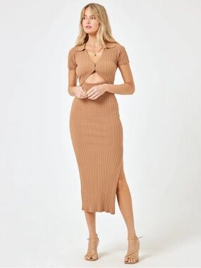 l*space Camel Ribbed Midi Skirt with Side Slit